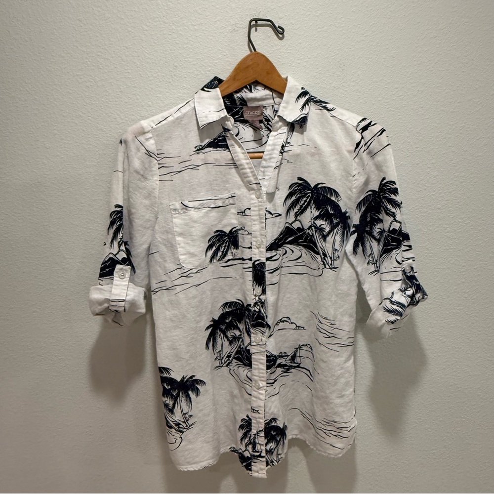Chico’s Black & White Scenic Print Linen Blend Camp Shirt Size 0